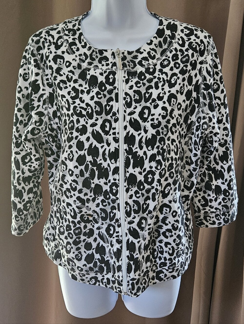 Onque Casuals Animal Print Full-Zip Jacket Top Black White Cotton Small EUC